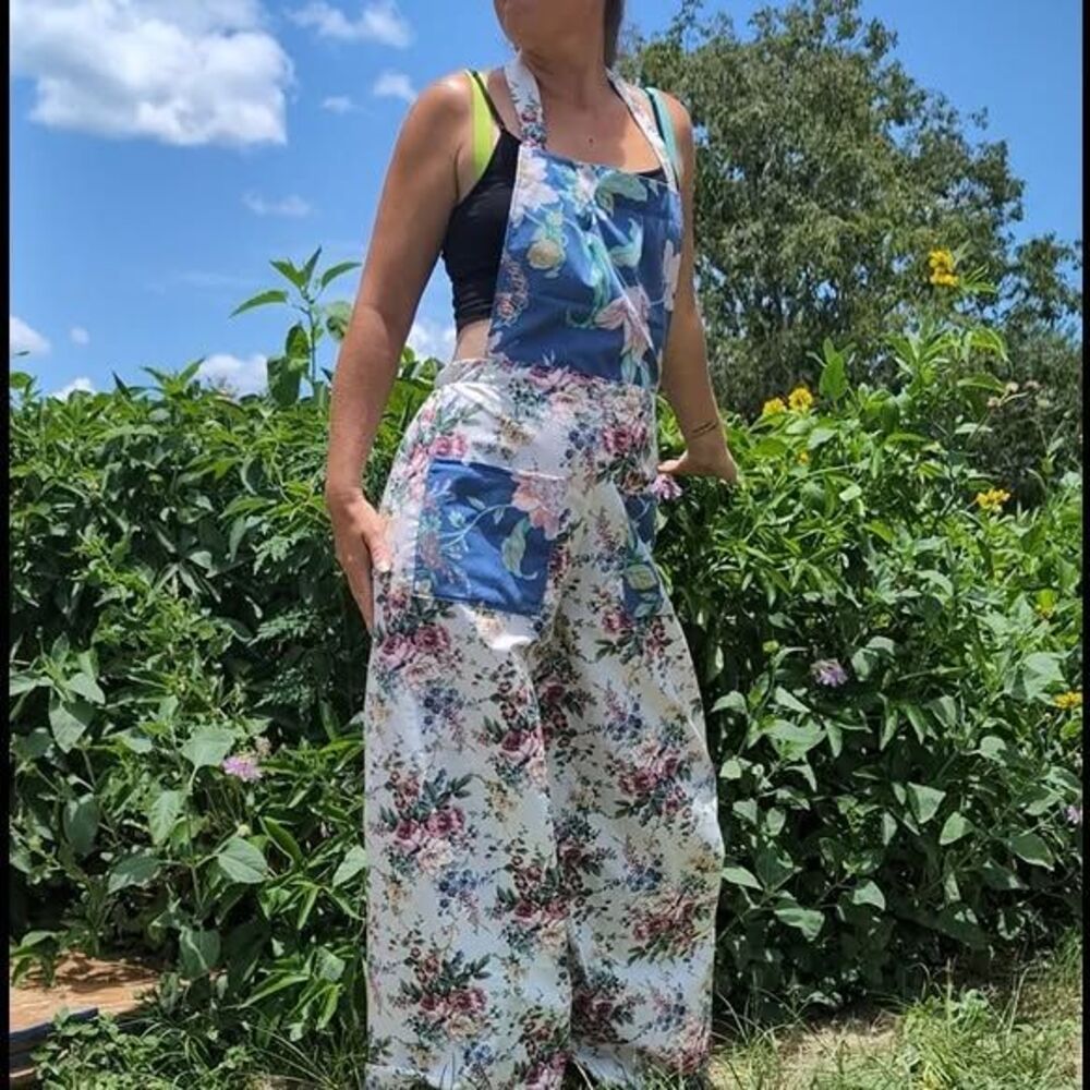 Sold Handmade Upcycled Blue & White "Sunday Bloomers" Floral Overalls